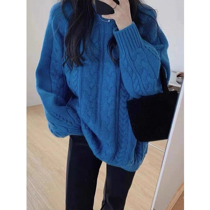 Autumn and Winter New Lazy Wind Twist Thickened Knitted Sweater Blue Medium and Long Large Size Loose Pullover Sweater Women
