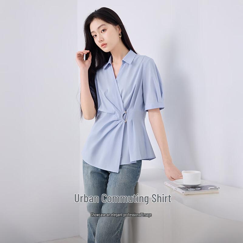 Women's French Style V-Neck Short Sleeve Blouse