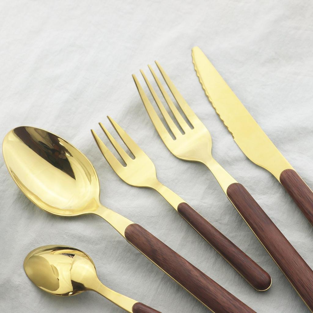 5 шт., столовая посуда с деревянной ручкой, набор столовых приборов с зеркалом из нержавеющей стали, западный нож, вилка, ложка, столовое серебро, набор посуды