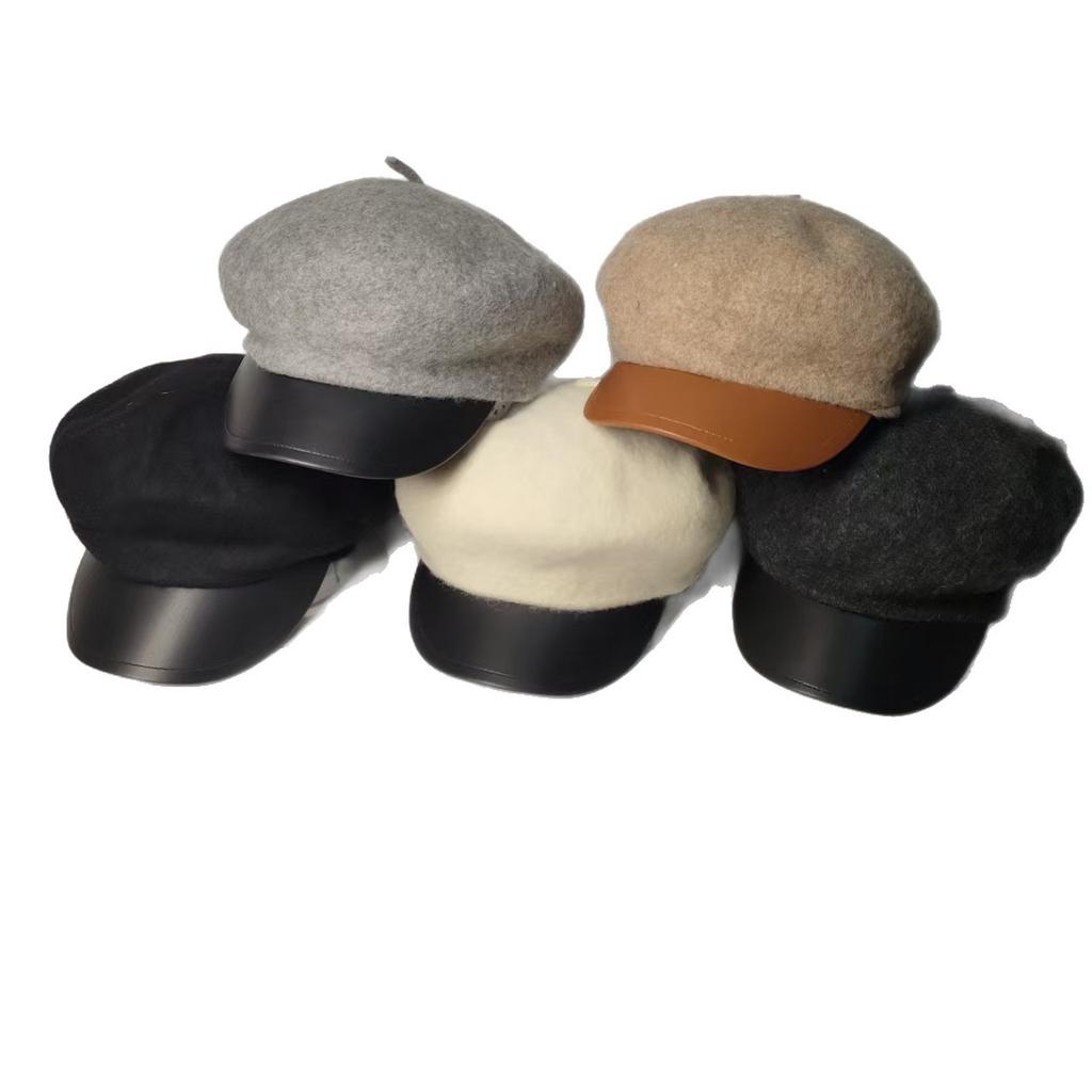 Autumn and winter color matching octagonal hat female retro socialite versatile beret leather brim wool British woolen hat