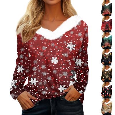 Женская мода повседневная толстовка с длинным рукавом и рождественским принтом, плюшевый воротник, V-образный вырез