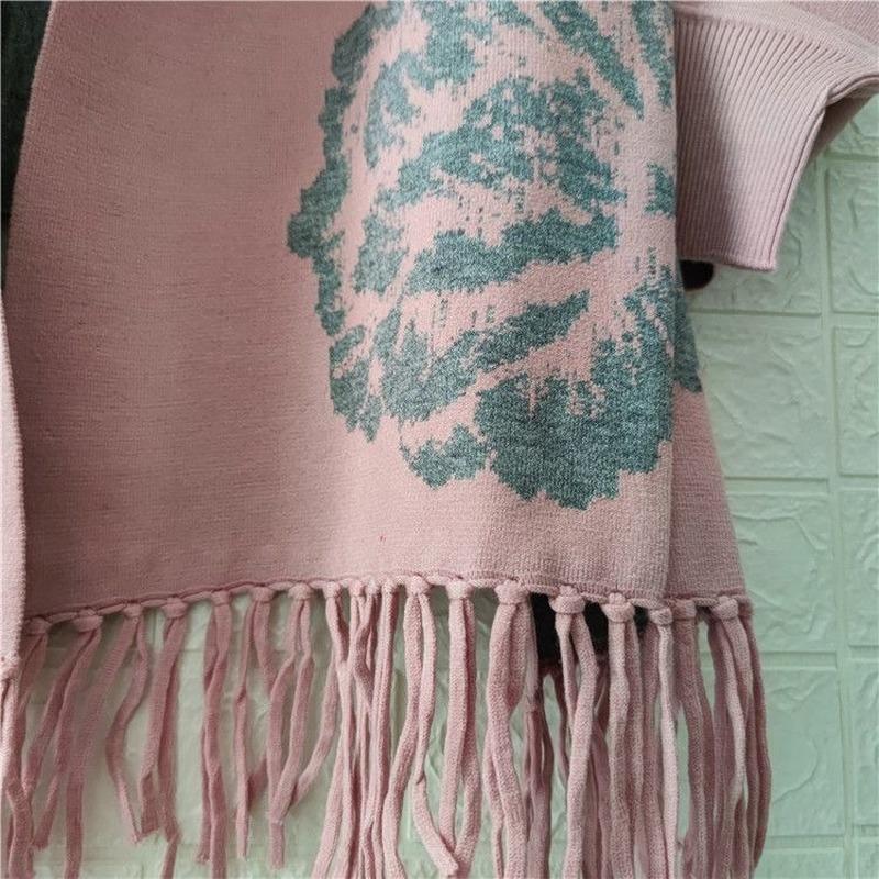 Женское пончо 2022, осенне-зимний шарф из искусственного кашемира с пионом и бахромой, двусторонняя теплая накидка с длинными рукавами, женский топ