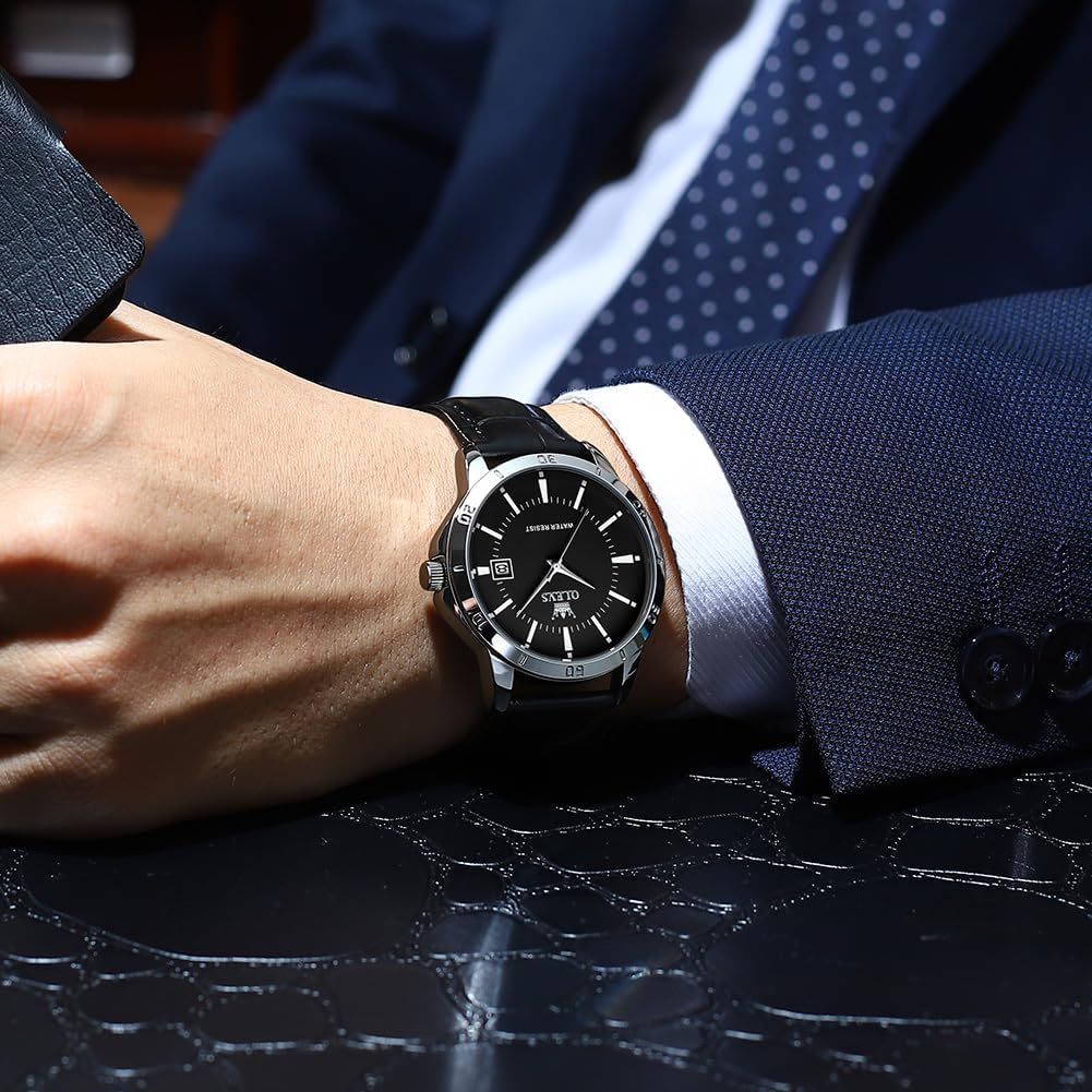 OLEVS Кварцевые популярные часы Простые стильные кожаные часы с водонепроницаемым календарем Роскошные классические часы с легким считыванием Модные студенческие часы для компании Черные мужские часы