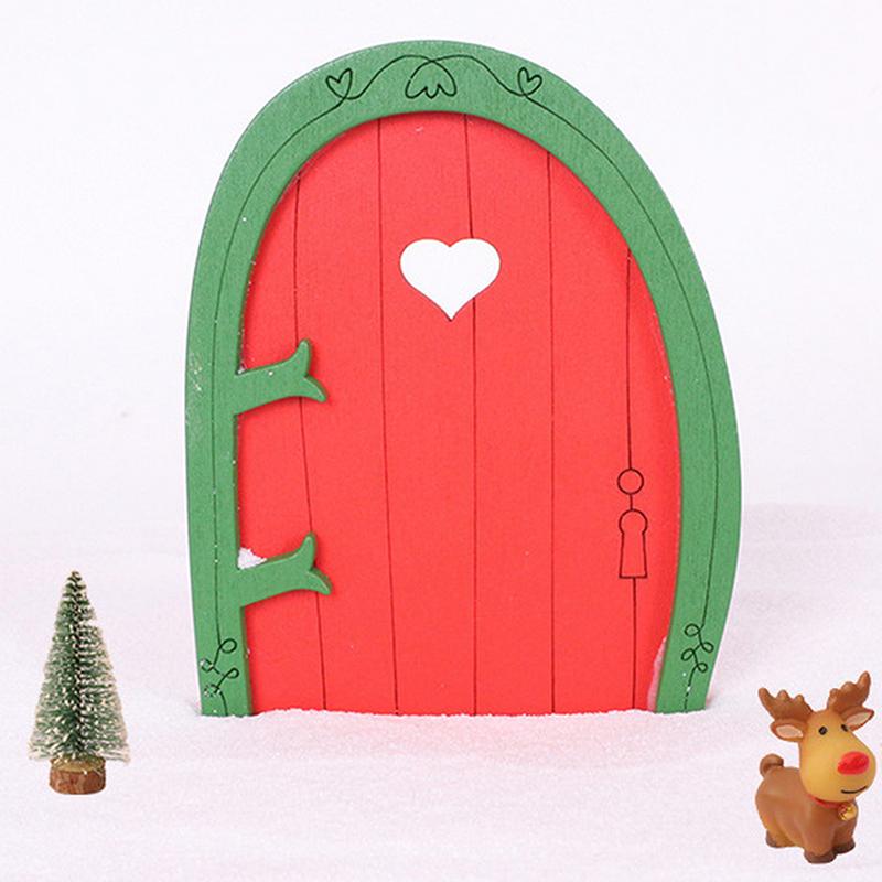 Dollhouse Miniature Wooden Red Fairy Tooth Elf Gnome Tiny Door Mini Red Christmas Door Mini Elf Door Decorative Scene Props