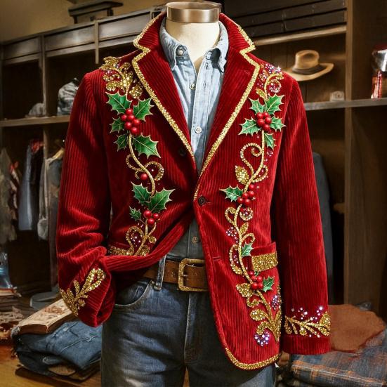 Пиджак Костюм Вельветовая Зимняя Куртка Приталенный Однобортный Пиджак Лацкан Длинный Рукав 3D Принт на Рождественскую Тематику Верхняя Одежда