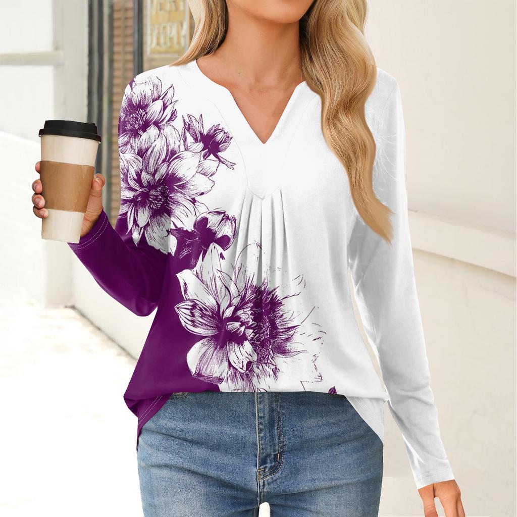 Women's Fashion Casual Long Sleeve Shirt Floral Printed V Neck Up Tops
