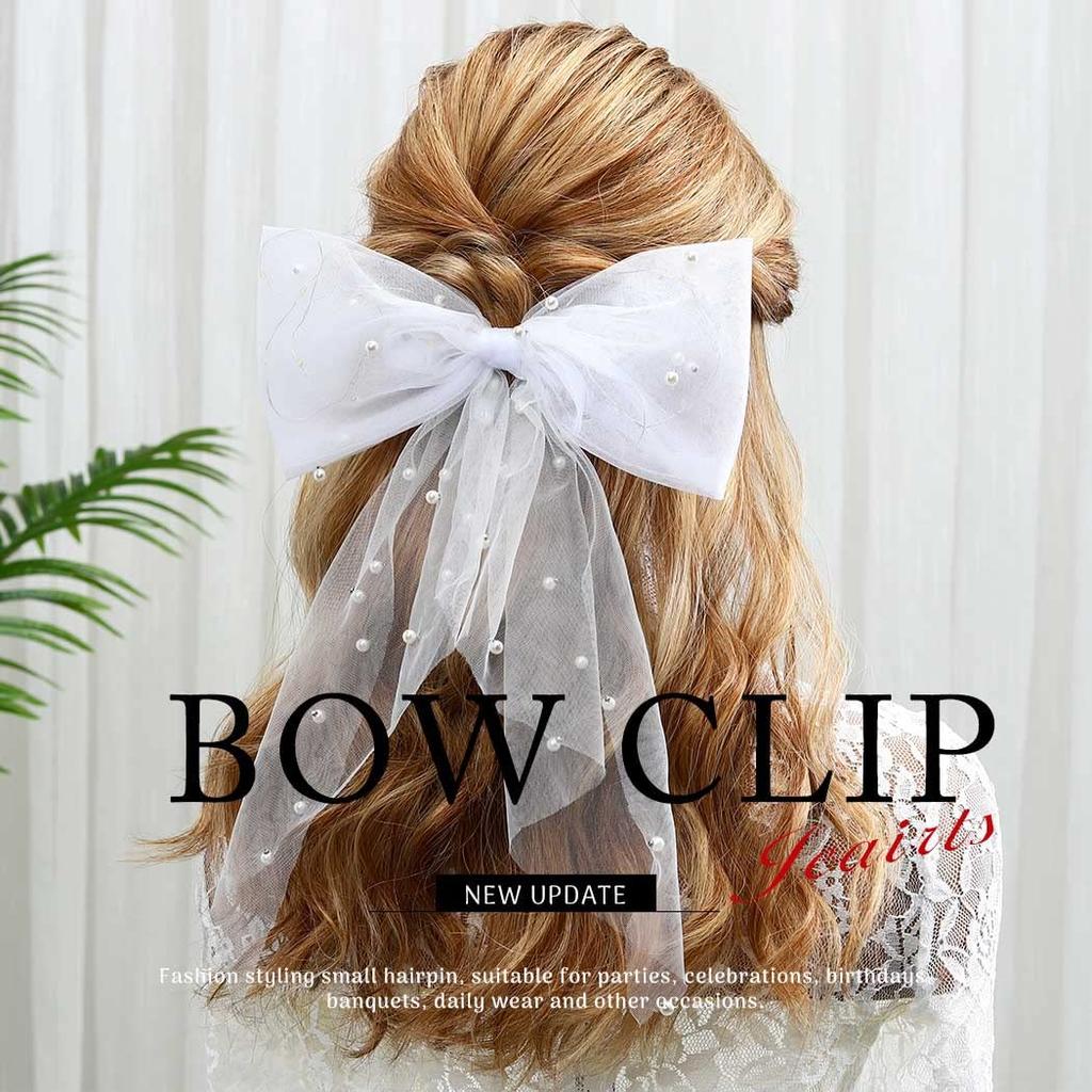 Jeairts Led Veil Bridal Bow Clip Pearl Wedding Hair Piece Glowing White Tulle Bow with Clip Bachelorette Party Hair Accessories for Women and Girls