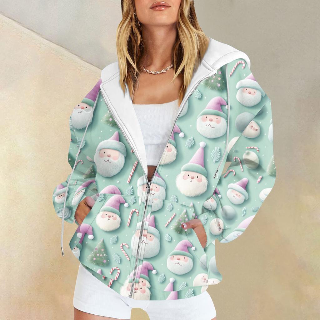 Ladies Fashion Casual Christmas Print Sweatshirt Autumn Winter Long Sleeve Cardigan Jacket With Pocket Zipper Hoodie Jacket