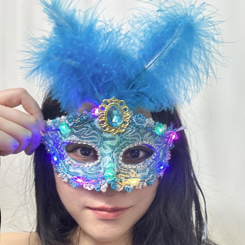 Lace LED Glowing Mask Plastic Venice Masquerade Mask Fancy Feather Mask Party Supplies