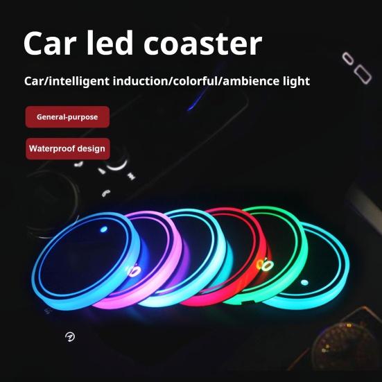 1 Pair Glowing Coaster for Car Smart Sensing Rechargeable 3 Mode Lighting 7 Color Cycle Breathing Light up Car Coasters LED Cup Holders