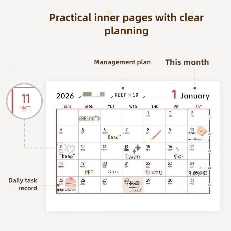 2025 & 2026 Productivity Calendar Stand Multifunctional Desk Organizer with Storage Box Cute Pen Holder for Home Office Decor