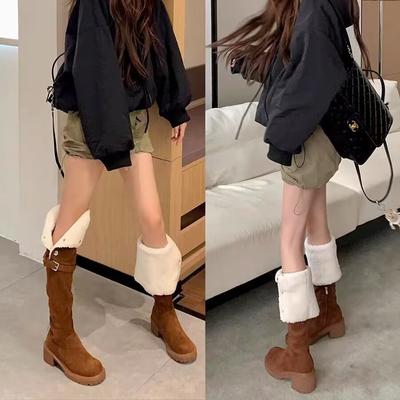 Осенне-зимние новые ботфорты для женщин, на толстой подошве, ковбойские, на маленьком высоком каблуке, из бархата и овчины, рыцарские сапоги