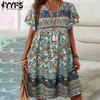 Женская мода лето-весна с цветочным узором и принтом с коротким рукавом и v-образным вырезом, свободная талия, повседневные платья