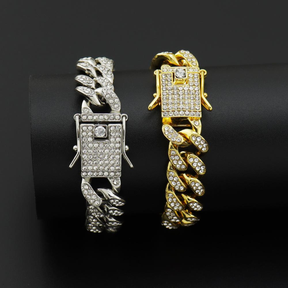Men's Hip Hop Full Iced Out Cuban Bracelet, Gold Plated Butterfly Clasp Diamond Inlaid Hiphop Bracelet