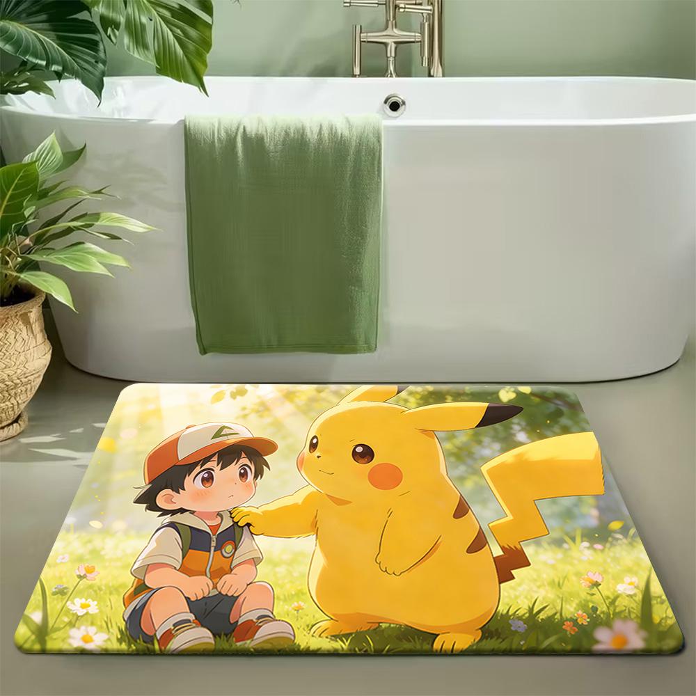 Cute Leafeon with Floral and Leaf Accents in Sunlit Forest Print Non-slip Doormat, Soft Absorbent Floor Rug for Home Decor