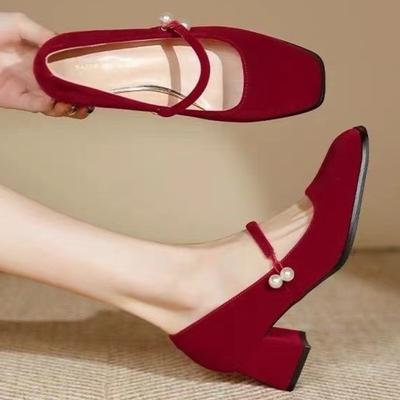 Мода Элегантные Женские Туфли на Высоком Каблуке Мэри Джейн Туфли Сандалии на Каблуке с Бусинами Тренд 2025 Лето Мода Новые Массивные Туфли Лодочки Вечернее Платье Женская Обувь