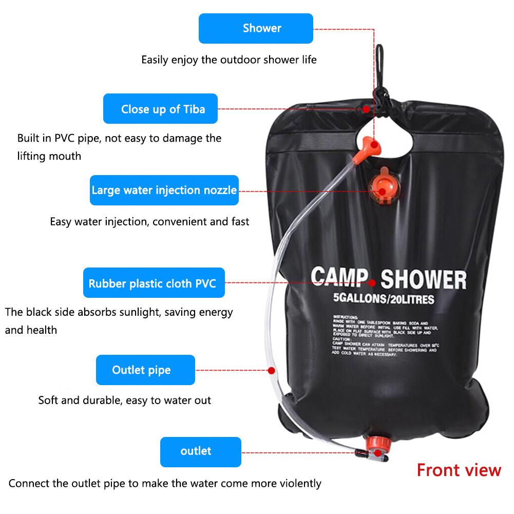 20L Camping Shower Bag Portable Solar Heated Shower Bag Sun Shower Bag with Hose Outdoor Shower Bag PVC for Hiking Climbing