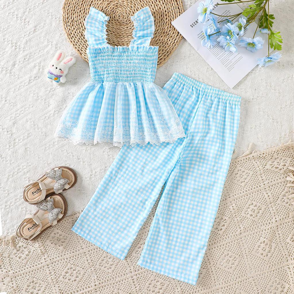 Летний сладкий набор в клетку с вышивкой кролика: Топ на бретельках и широкие брюки для девочек