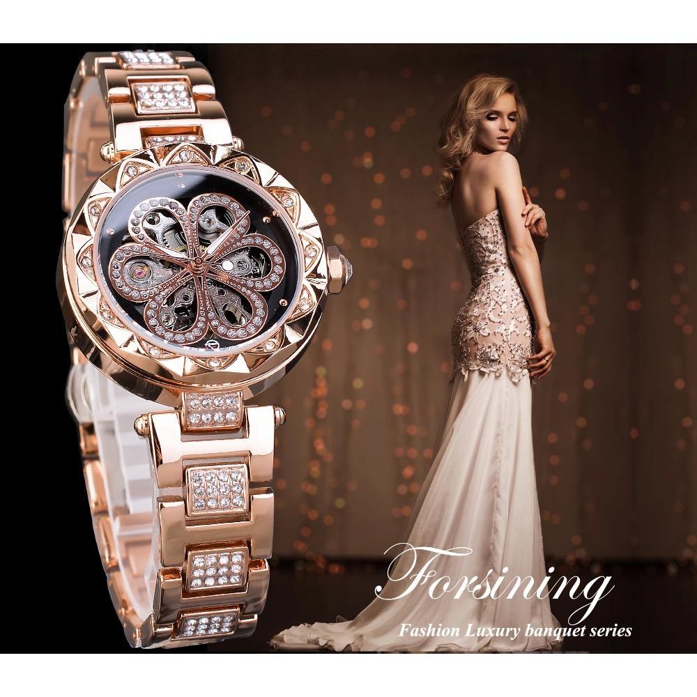 Forsining Ladies Fashion Leisure Rhinestone Hollow Mechanical Waterproof Automatic Mechanical Watch GMT1169-8-A