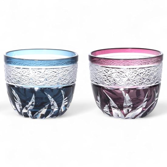 J-kitchens Mizukage Kiriko Pair Glass Cup, Cold Sake Cup, Diameter 60xH50mm, 70cc, Obishibori, Ink B