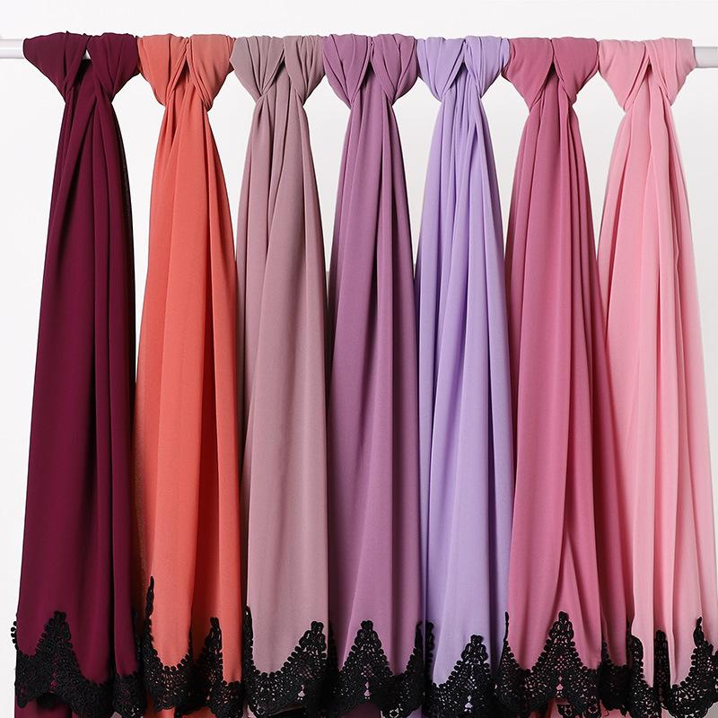 Новый жемчужный шифон Малайзия Мода Черные кружевные шарфы Мусульманский шаль Однотонный мягкий тюрбан Повязки на голову