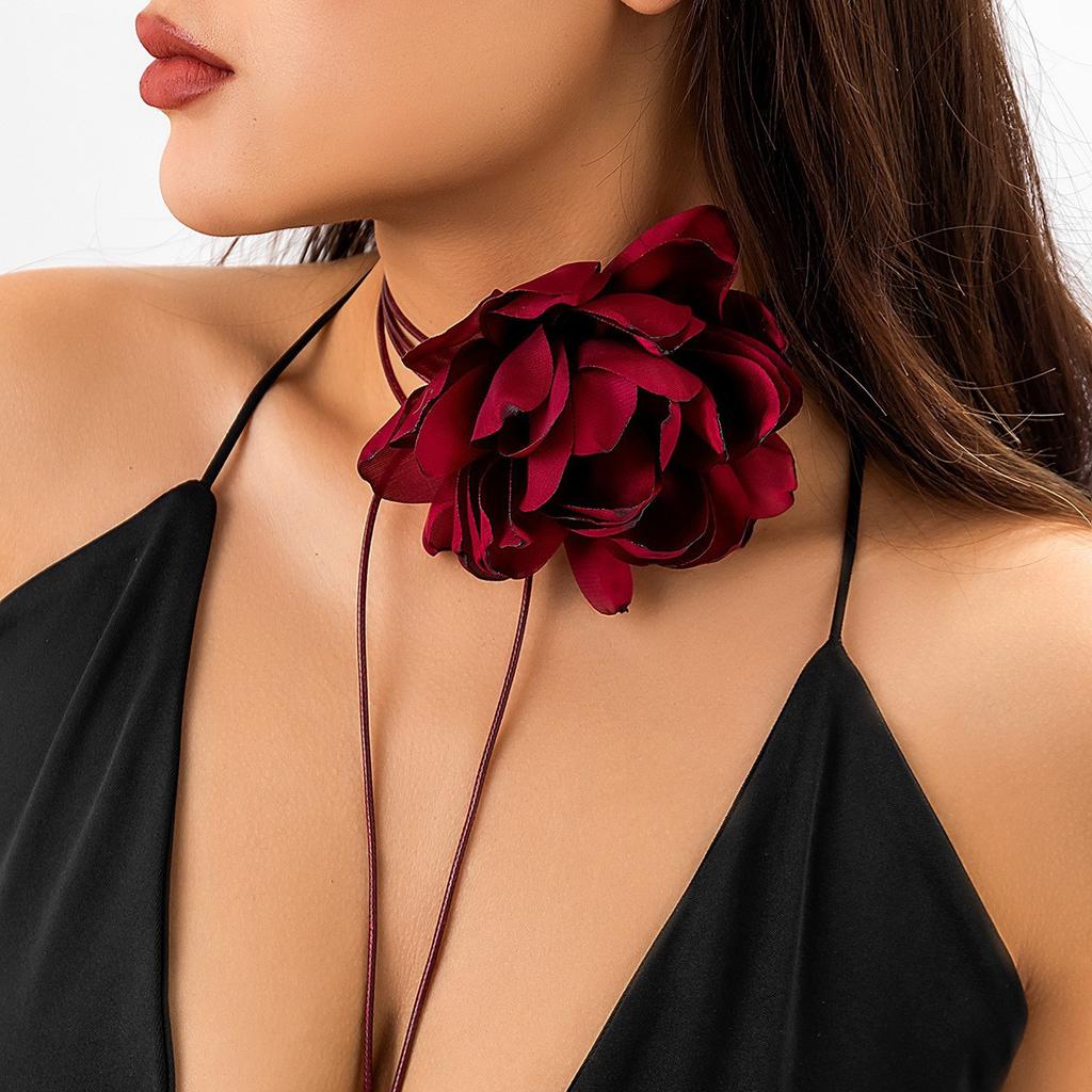 Stylish Retro French Big Flower Chocker Necklace Fringed Lace Tied Neck Chain Female