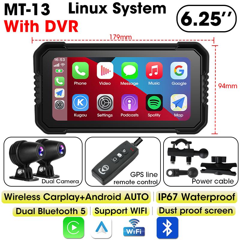 6,25-дюймовый мотоциклетный навигационный видеорегистратор беспроводной CarPlay Android Auto IP67 водонепроницаемый двойной Bluetooth Moto дисплей экран портативный