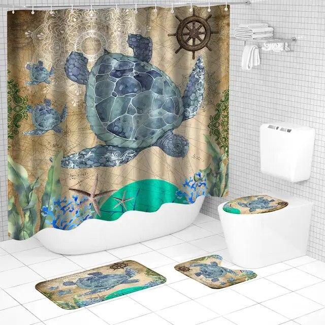 Наборы занавесок для душа с морской черепахой, водонепроницаемые, с морским океаном, винтажные занавески для ванной с животными, занавески для ванной, коврики для ванной, ковер, крышка для унитаза