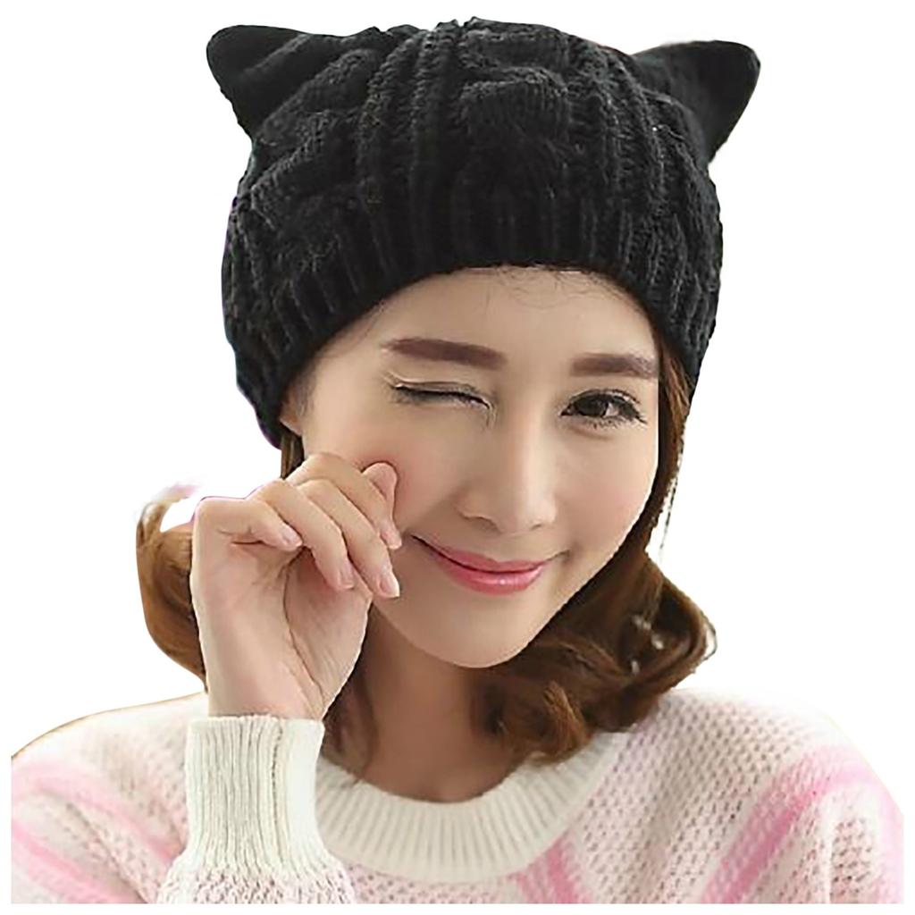 Women Knit Slouchy Cat Ears Woolen Hat  Chunky Baggy Hat Winter Soft Warm Ski Cap