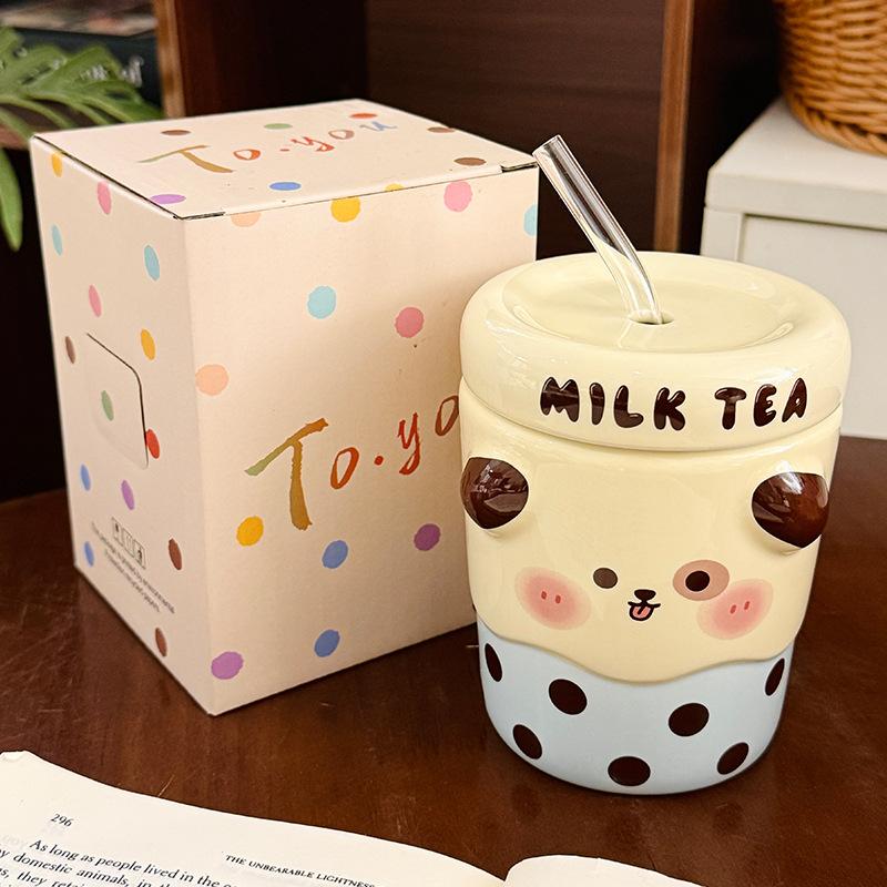 Cute Polka Dot Animal Ceramic Straw Cup with Lid Children's Household Cup  Girly Heart Creative Gift Souvenir