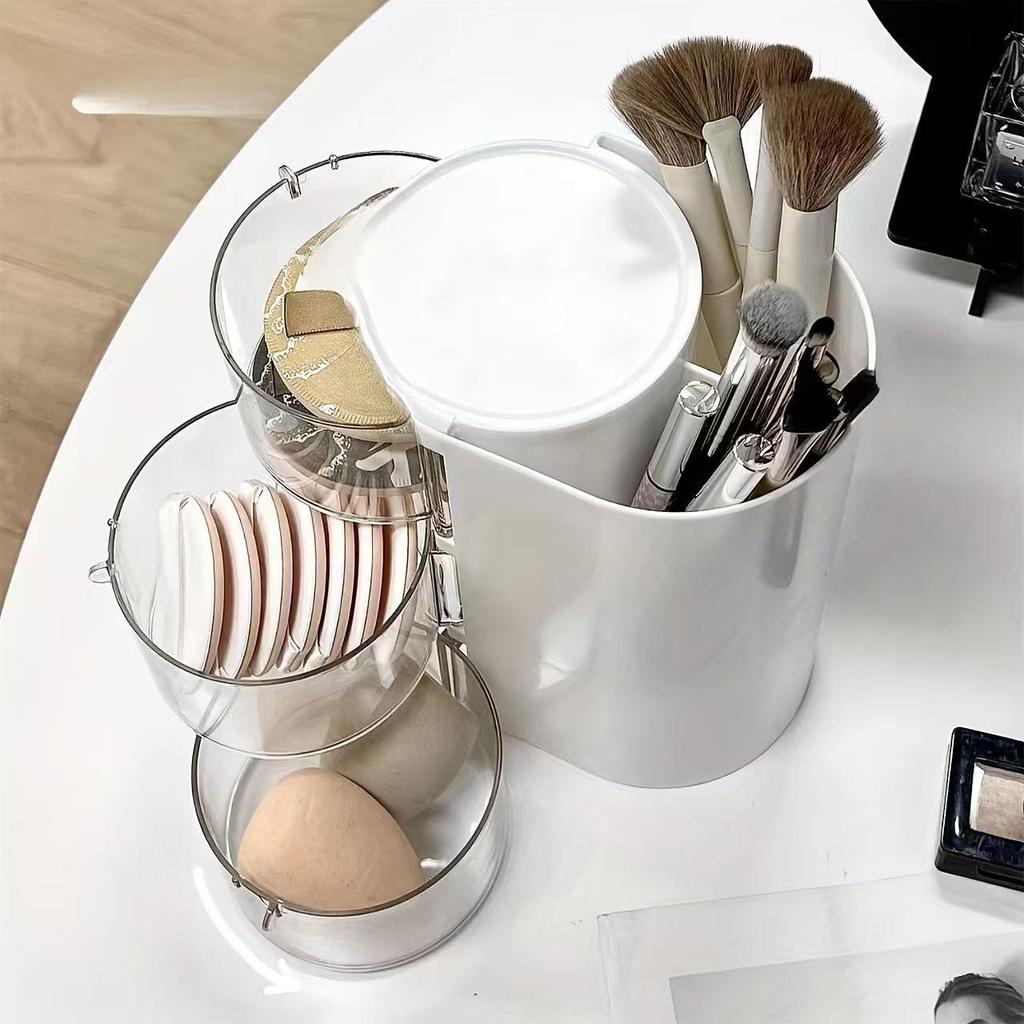 Вращающийся многоярусный органайзер для туалетного столика: Пуховка, Карандаш для бровей и Подставка для ручек