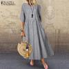 Ladies Check Plaid O Neck Casual Loose Long Dress
