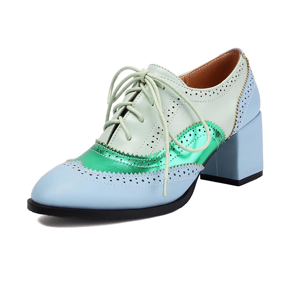 Винтажные повседневные туфли на шнуровке для женщин, модные туфли-лодочки смешанных цветов, женские туфли из искусственной кожи на высоком каблуке, одинарная обувь большого размера 34-46