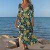 Dresses For Womens Vintage Print Tunic Waisted Midi Dress Summer Casual 3/4 Sleeve Dress