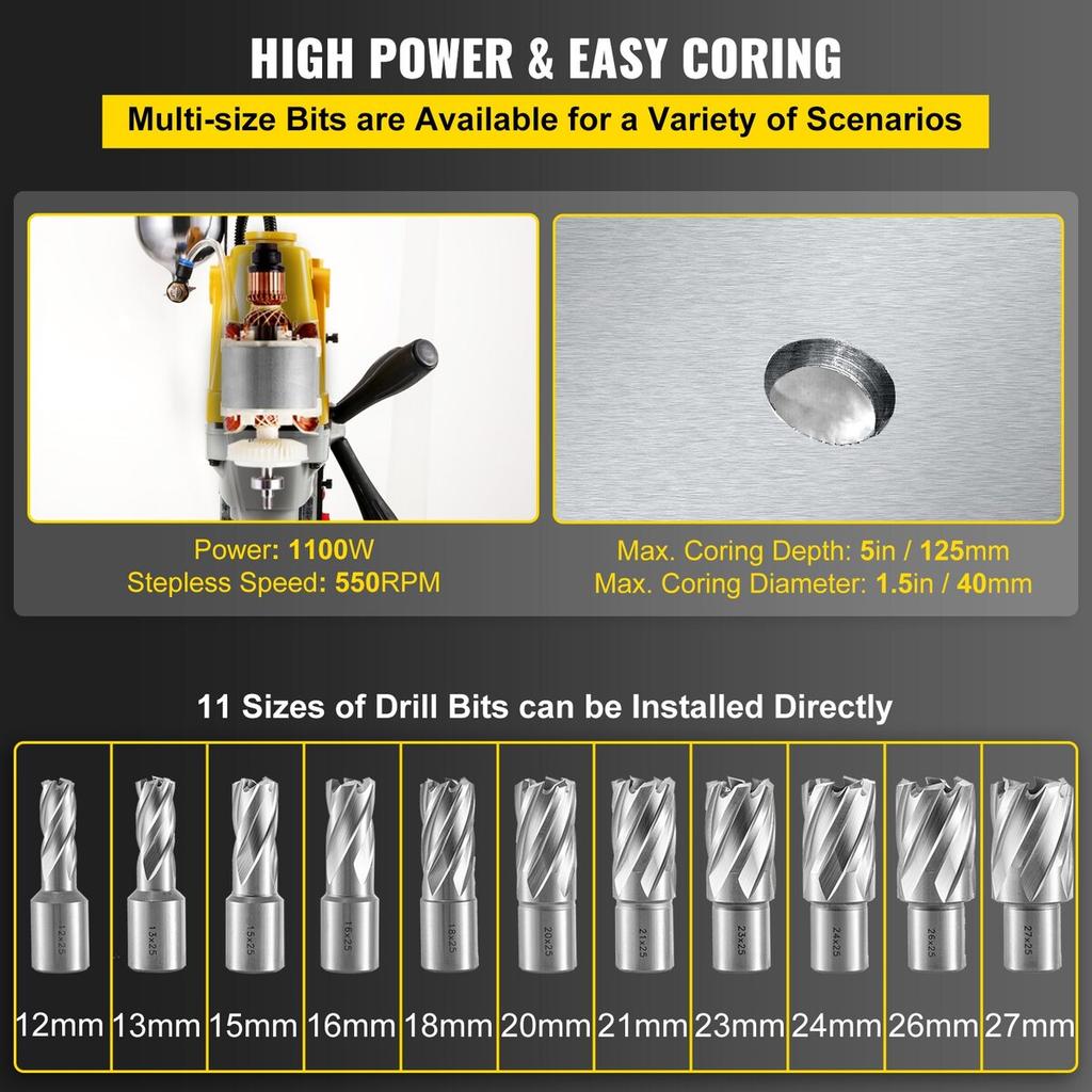 MD40 1-1/2 in. Electric Magnetic Drill Press Drilling Machine with 11PC HSS Cutter Set Precise Annular Cutter Kit Compact Switchable Evolution 1100W