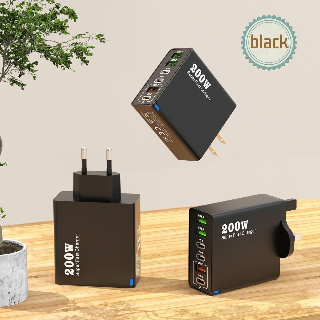 Многопортовое зарядное устройство 200 Вт: 3 USB + 3 PD, Быстрое зарядное устройство 6-в-1 для мобильных телефонов, 5 В/2,4 А, Стандарты ЕС/США/Великобритании