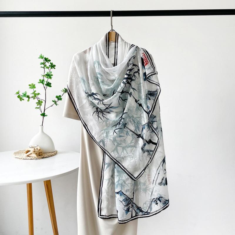 National Trend Panda Newspaper Bamboo Hollow Shawl for Women Plum Orchid Bamboo and Chrysanthemum Printed Silk Scarf Long High-end Sex Scarf