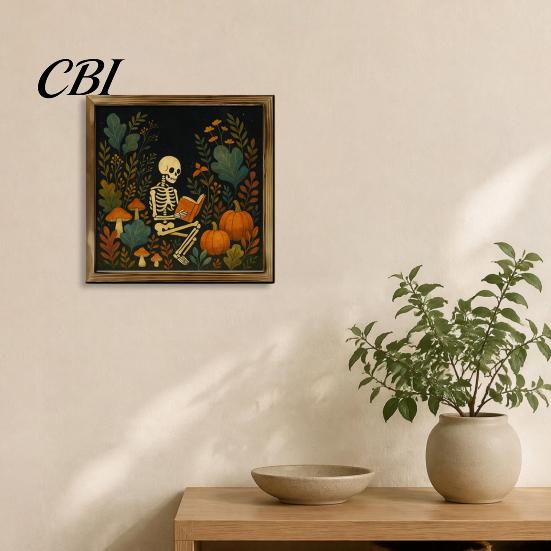 Solid Wood Desktop Decorations Halloween Ghost/Witch/Skeleton Decorative Painting, Wall Mount Square Frame Wooden Framed Paintings Picture for