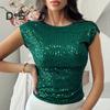 Женская футболка с круглым вырезом и коротким рукавом, топы с пайетками, открытая спина, облегающий крой, сексуальные топы для вечеринок, повседневная одежда