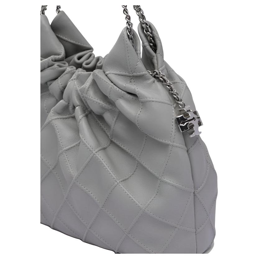 Tory Burch Fleming Chain Strap Logo Pendant Napa Leather Half Moon Mini Handbag Women Handbags Gray 162451-021