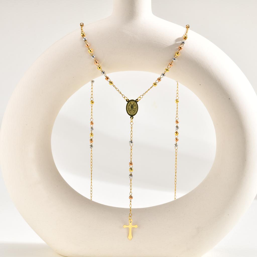 Stainless Steel Rosary Necklace For Wome, Long Chain Virgin Mary Y-shape Gold Plated Catholic Religious Jewelry