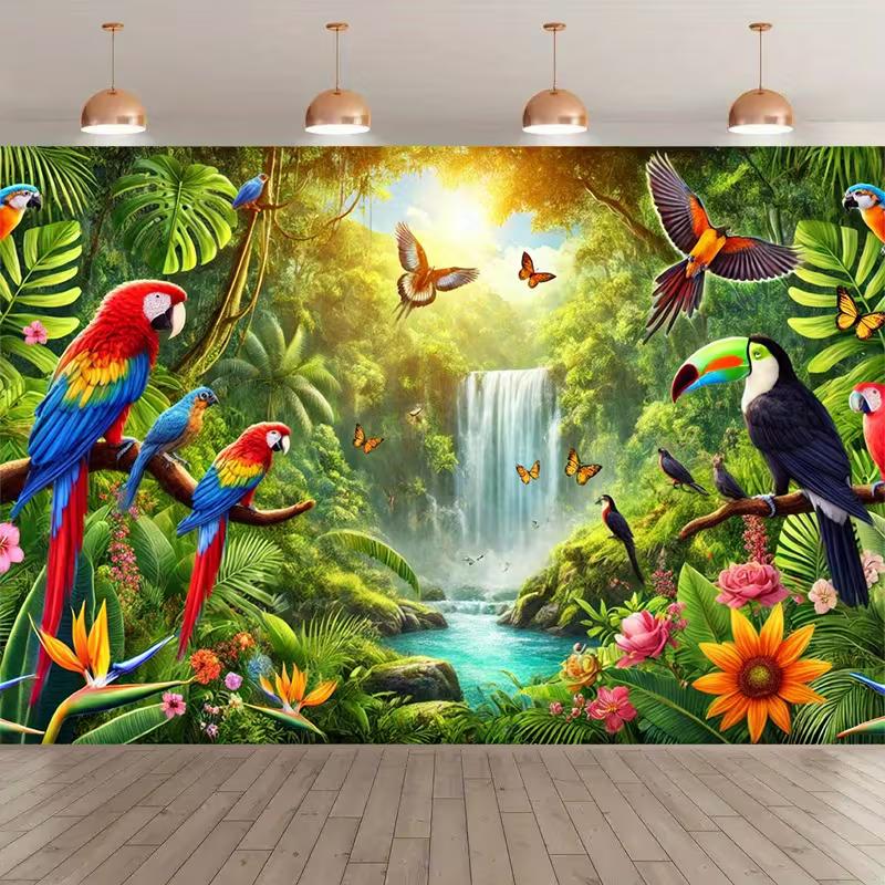 2D Rainforest Bird Waterfall Tapestry Macaw Toucan Backdrop Cloth for Living Room