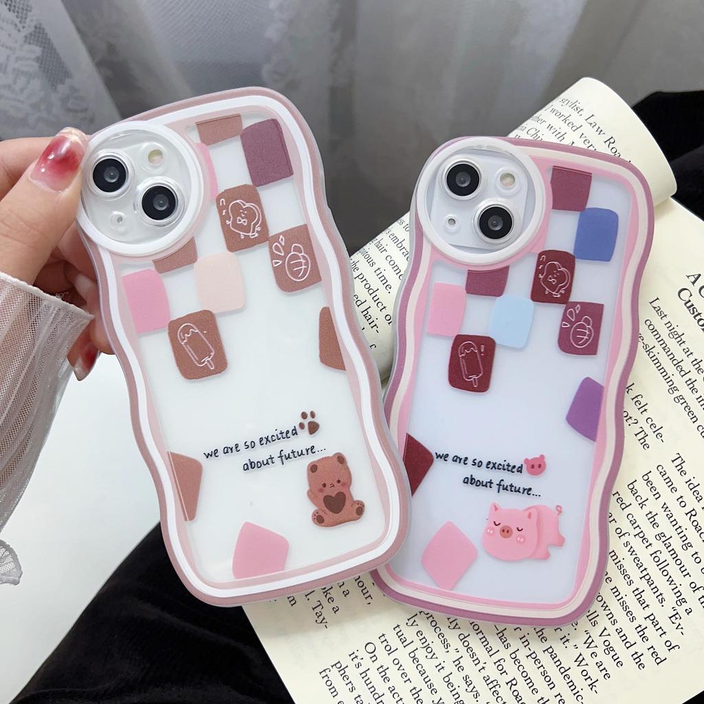 Transparent Wave Edge Painted Silicone Case for Xiaomi Redmi Note 10 11 12 iPhone 15 14 13 11 Samsung A54 A34 A24 Funda Cat Piggy Bear Cover Bumper