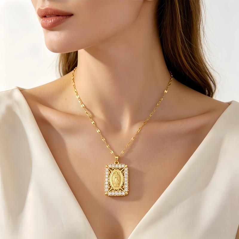 Gold Plated Mary Necklace CZ Inlaid Heart Choker Titanium Steel Religious Jewelry Gift for Women