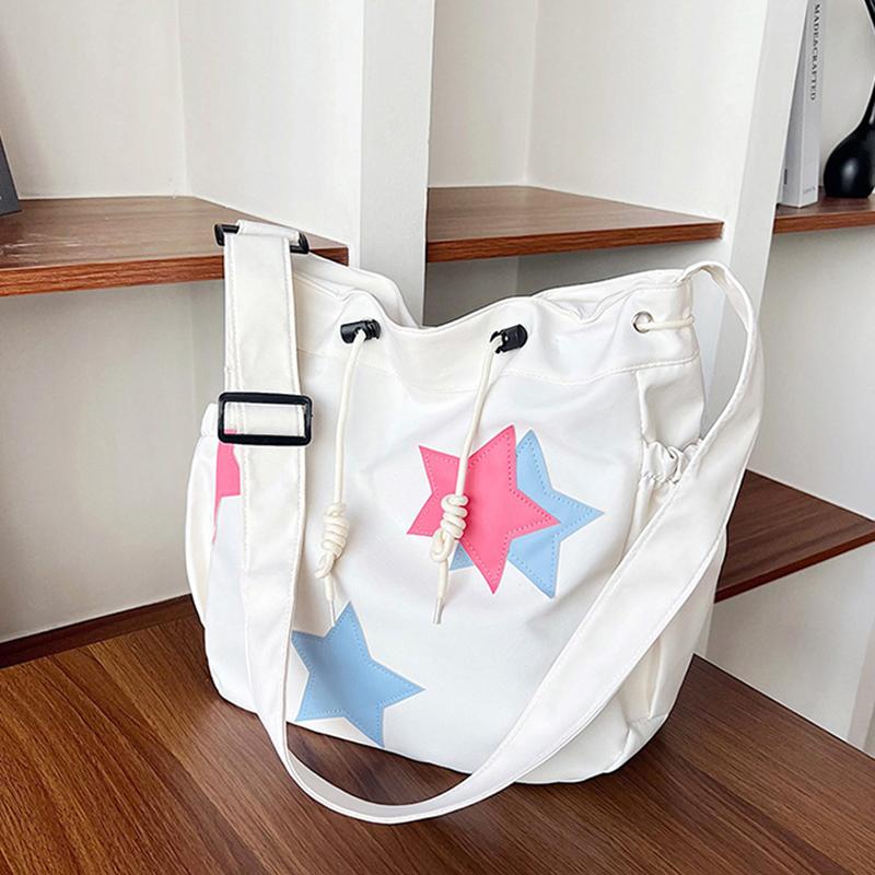 Women Star Nylon Shoulder Bag Drawstring Crossbody Bag Large Capacity Casual Satchel Student Travel Bag