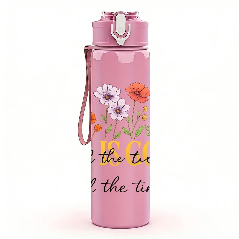 1PC God Is Good All The Time Floral Letter 750ml Color Plastic Sports Water Bottle Leakproof Flip Straw Lid Suitable for Sports Office Home Use
