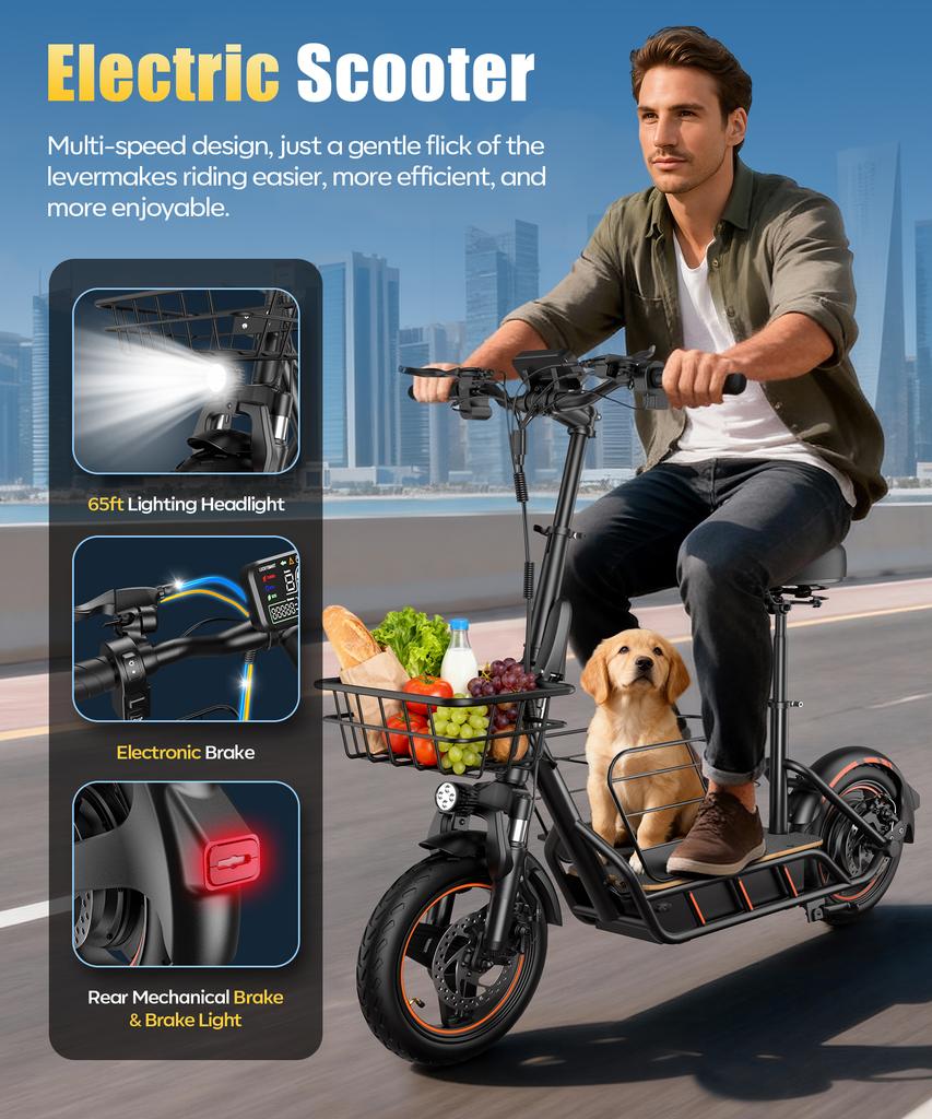 H14E-Scooters600W Brushless Motor 36V10AH Lithium Battery Dual Disc Brakes 14” Pneumatic Tires Foldable Electric Scooters
