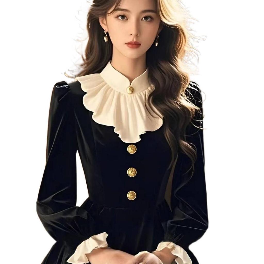 Элегантное Ретро Черное Бархатное Платье с Оборками - Осень/Зима