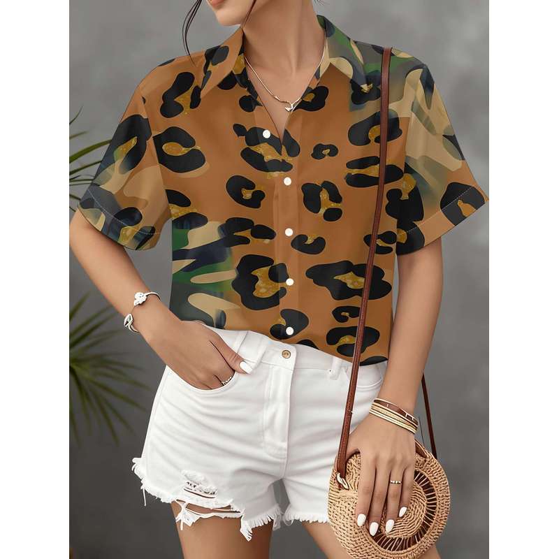 Women's Short Sleeve Button Down Shirt Leopard Camouflage Patchwork Printed Casual Commute Top Machine Washable