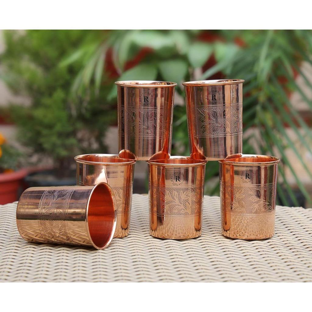 Pure Copper Water 6 Glass Set Hand Made | With Beautifully Embosed Engraving Design | Drinkware with Ayurvedic Health Benefits